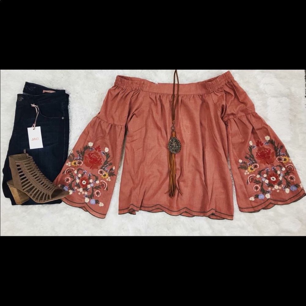 Burnt orange off the shoulder top
